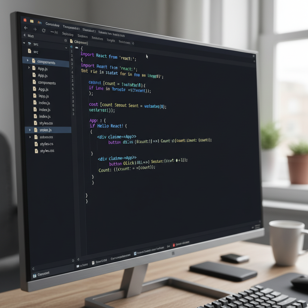 Code editor showing JavaScript and React code on a monitor