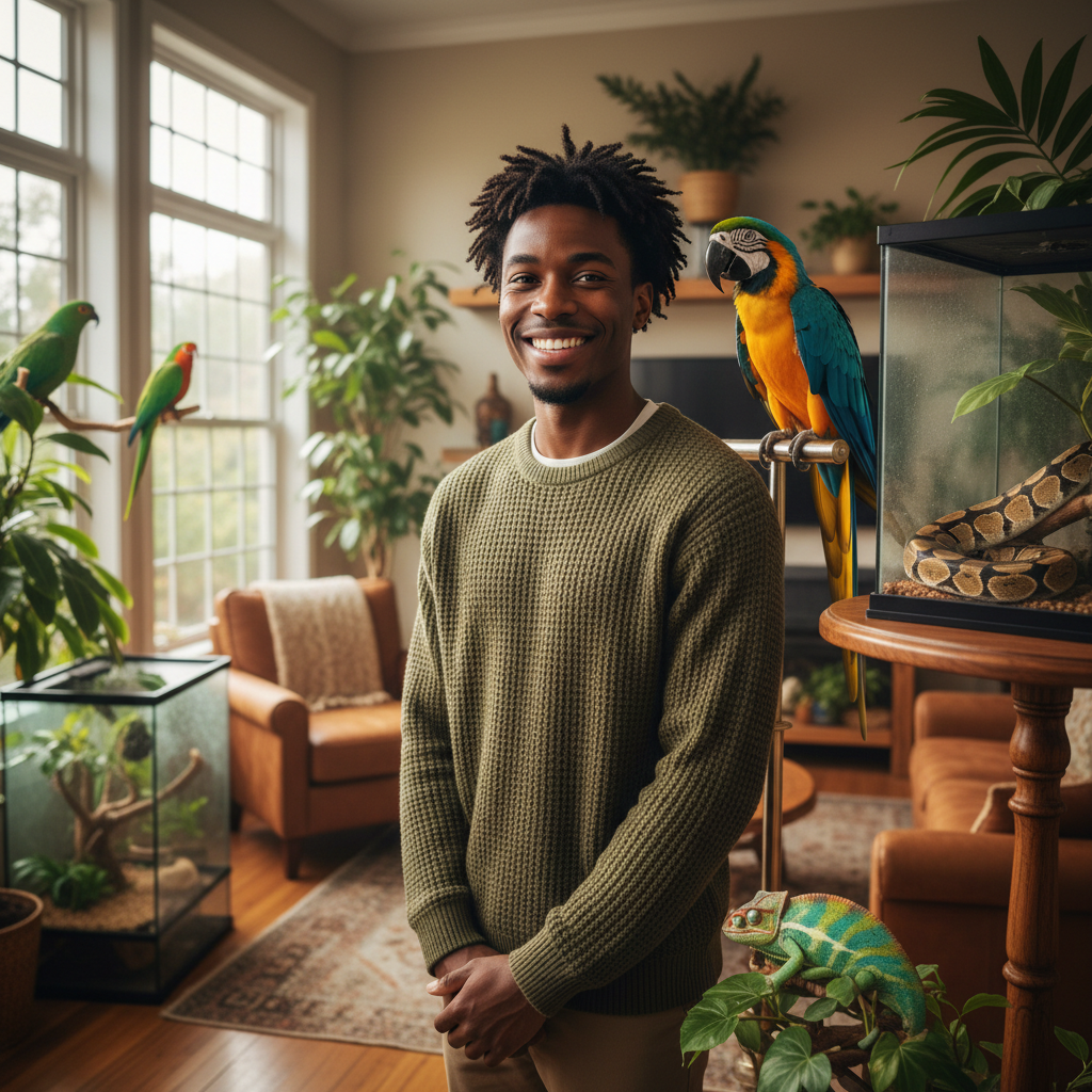 Young Black man with warm smile, Atlanta Georgia exotic pet owner
