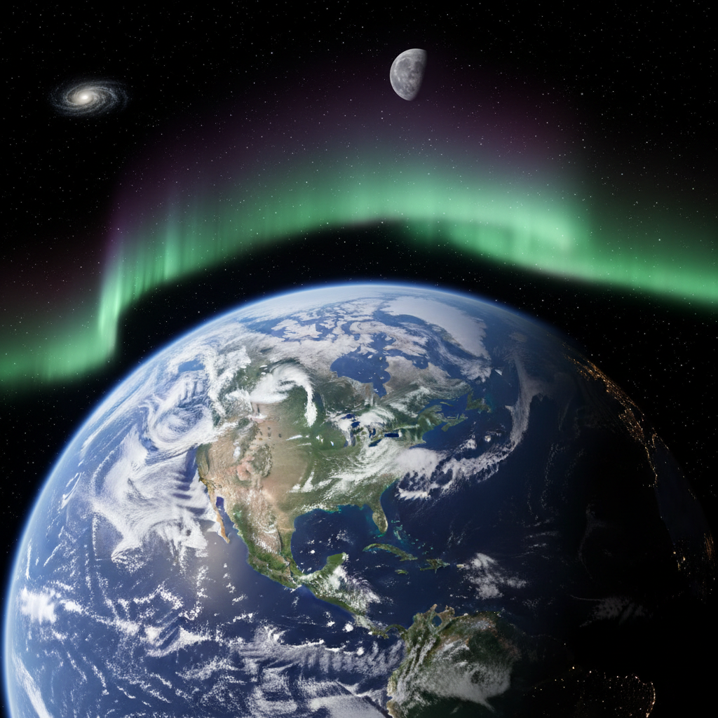 Earth viewed from orbit, bright blue oceans, white cloud swirls, dark space background, sunlight limb