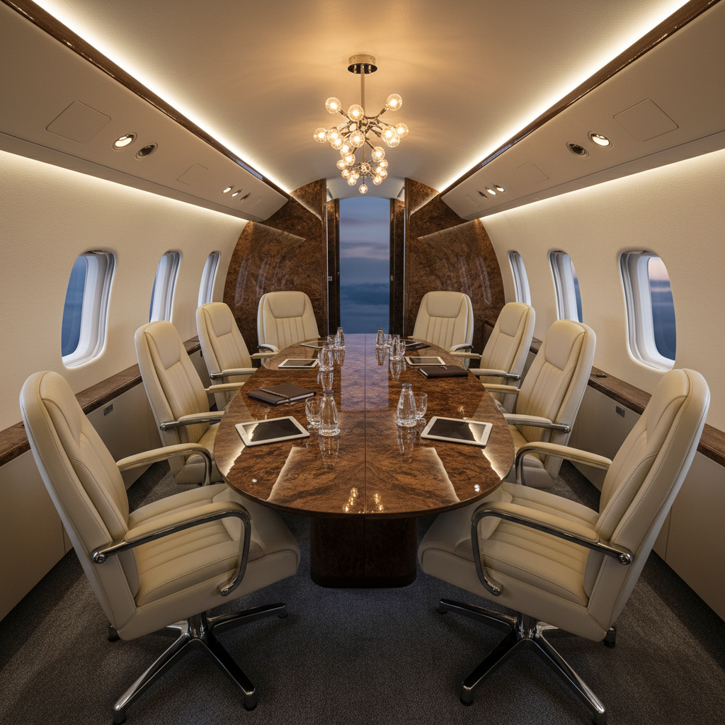 Executive private jet interior with dark leather seating, ambient mood lighting, polished surfaces, and ultra-premium cabin atmosphere