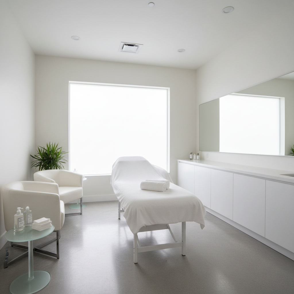 Medical aesthetics treatment room with modern equipment and clean white surfaces