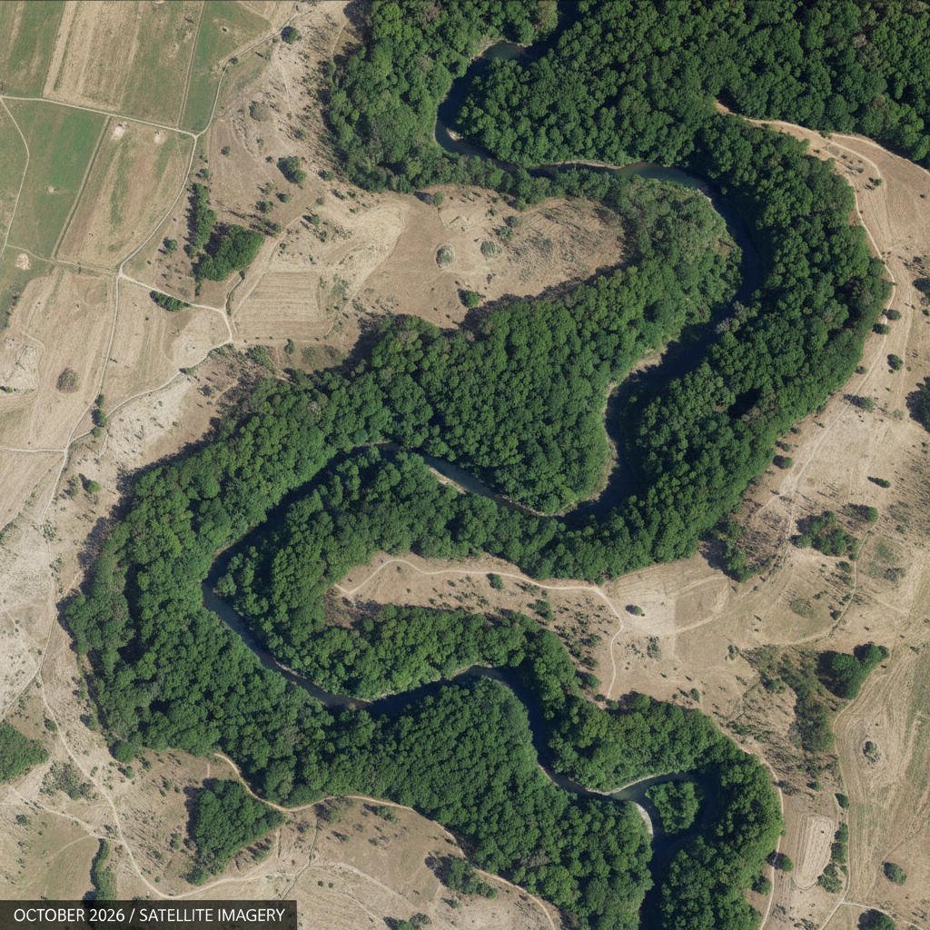 Satellite view of restored forest corridor showing dense green canopy, 2026