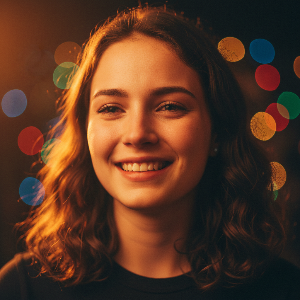 Young woman with emotional smile, concert setting