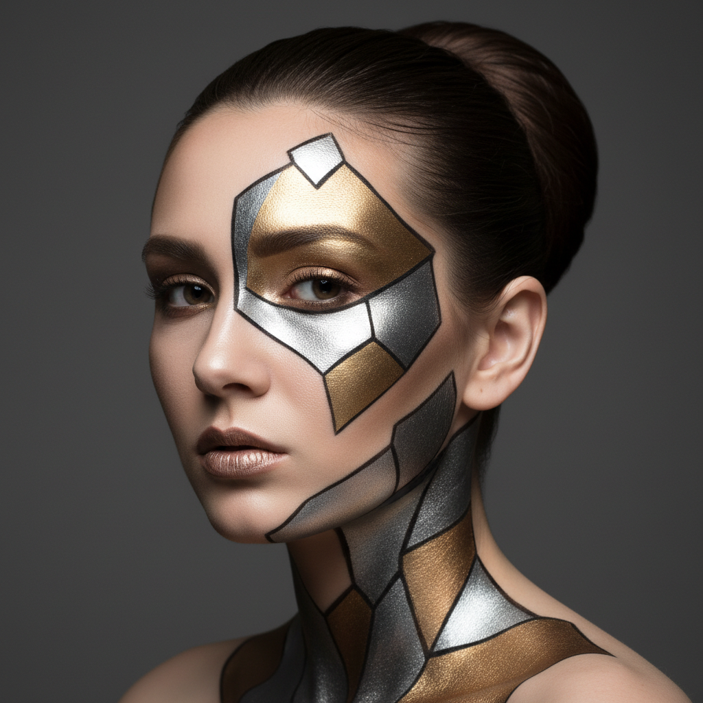 Avant-garde editorial look with metallic geometric shapes painted across face and neck