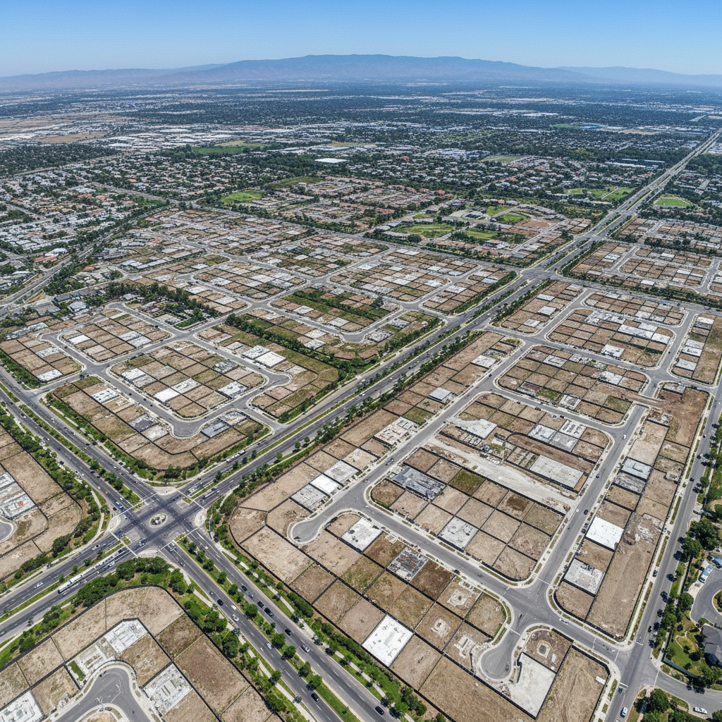 Aerial view of a land development estate with marked plots and access roads, bright daylight