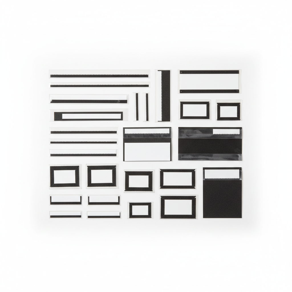 Assorted philatelic mounting strips and Hawid mounts arranged on white background
