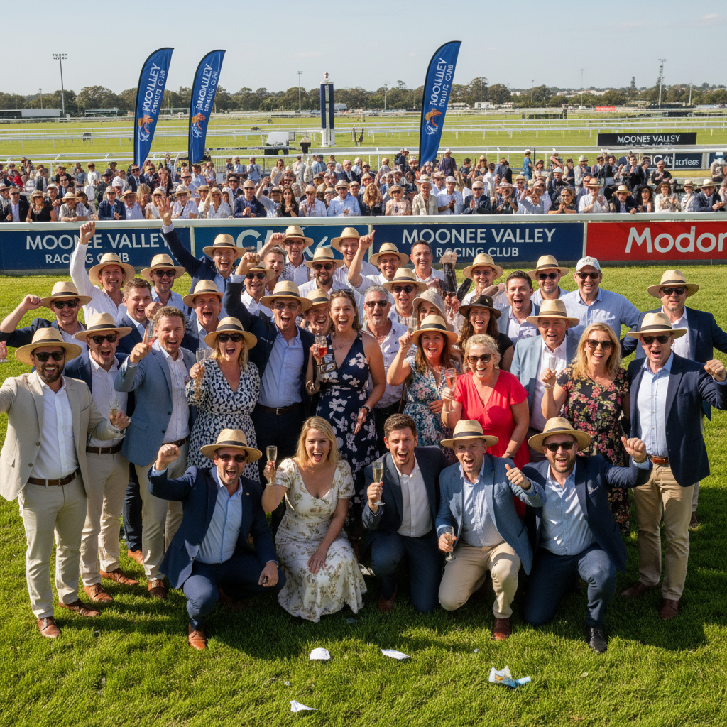Salty Pearl syndicate group photo with owners smiling and celebrating after a race day at Moonee Valley
