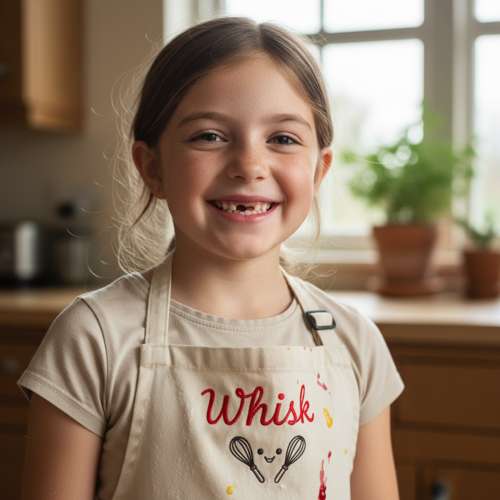 Eight-year-old girl smiling proudly in her Whisk apron