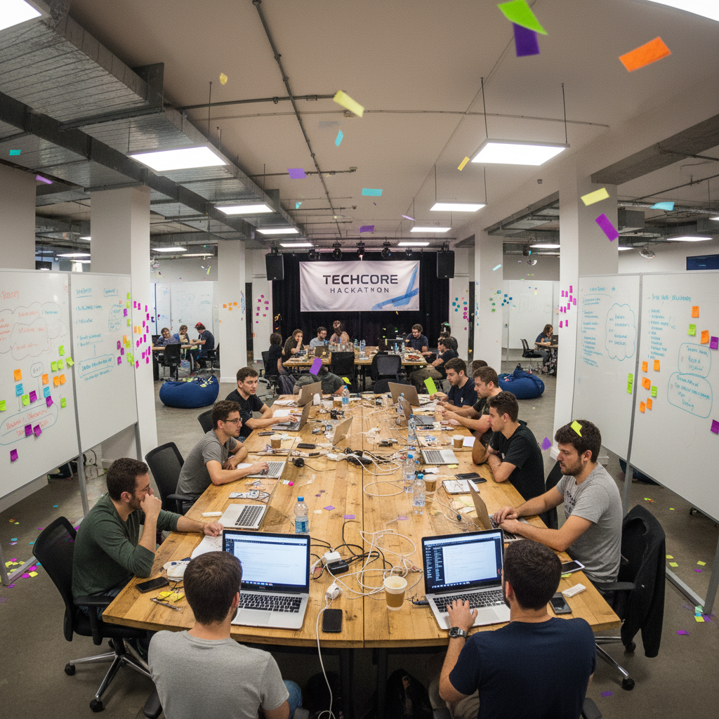Hackathon participants working intensely with laptops and whiteboards