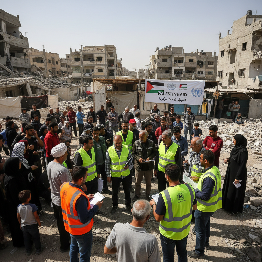 Palestinian aid workers conducting field verification in Gaza neighborhood with community members