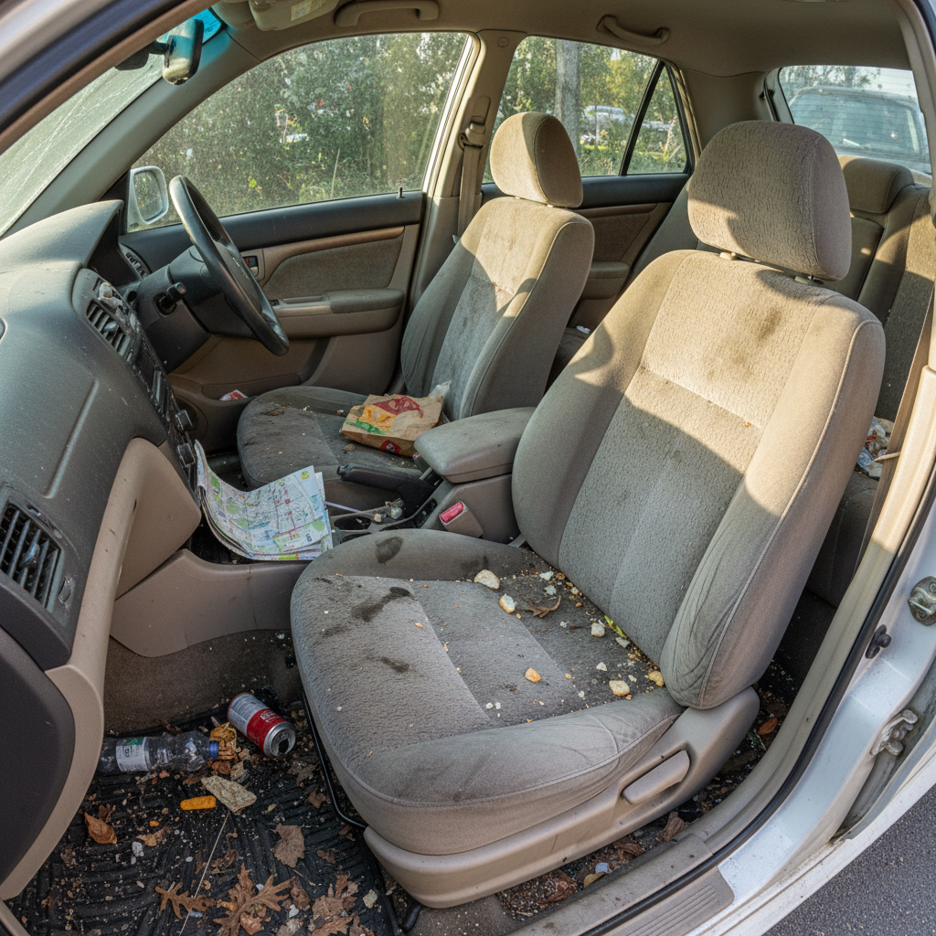 Cluttered messy car interior before deep cleaning with crumbs and stains