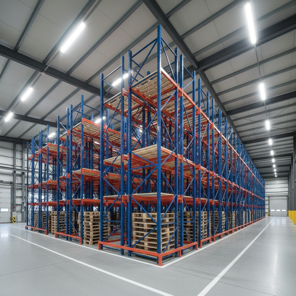 Industrial warehouse pallet racking system with steel beams, bright overhead lighting, organized storage
