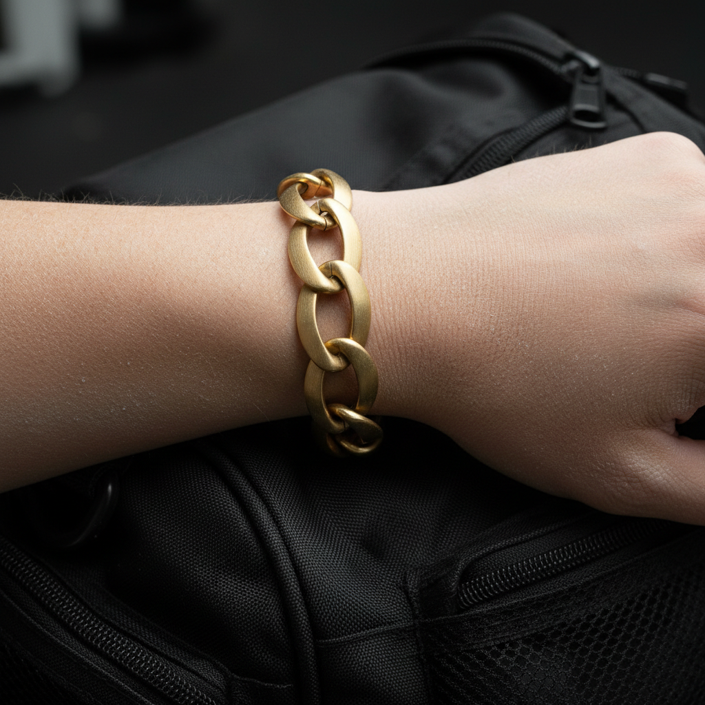 Gold chain link bracelet on wrist in natural sunlight showing waterproof anti-tarnish quality