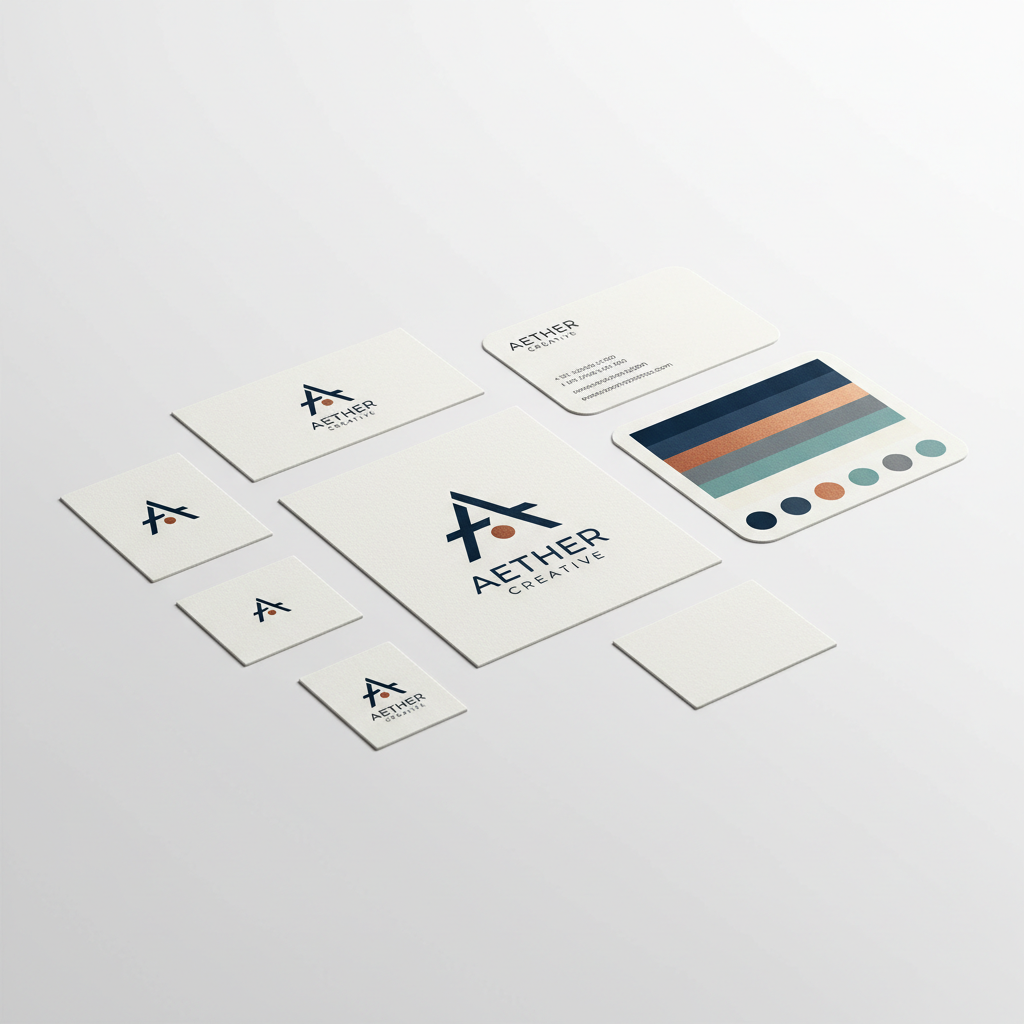 Brand identity design mockup showing logo, business cards, and color palette on clean white surface