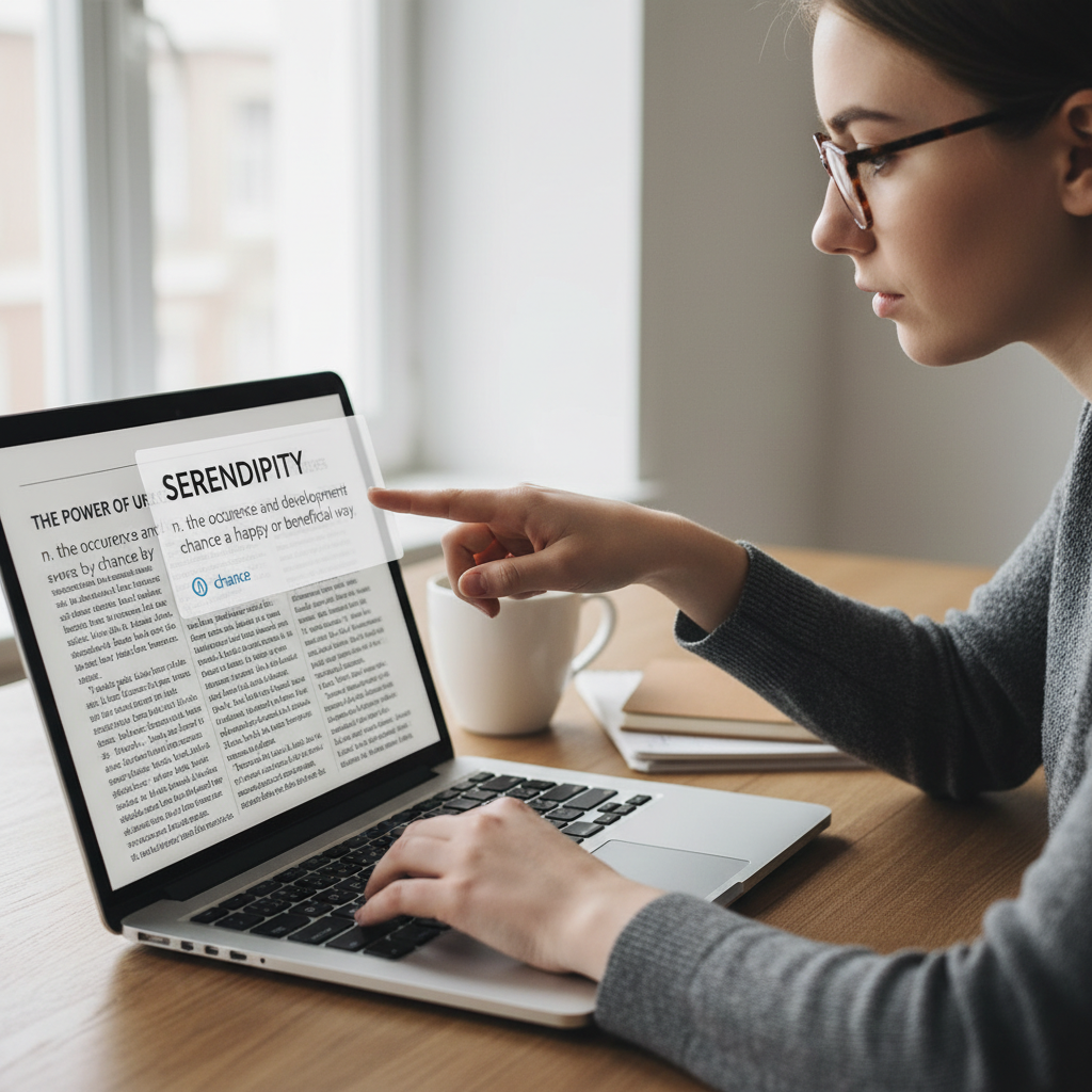 English learner reading article with QuickDef popup showing simple definition for highlighted word