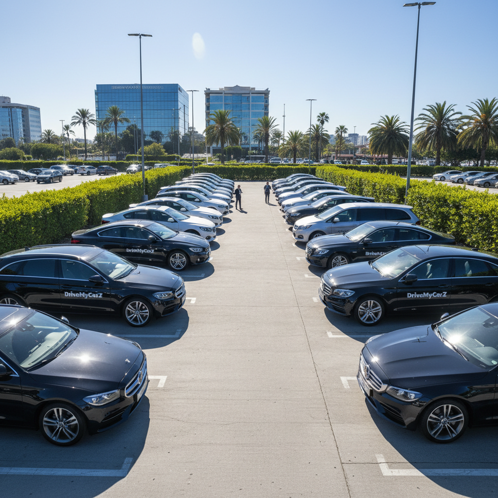 Fleet of clean government vehicles in parking lot, dark atmospheric lighting