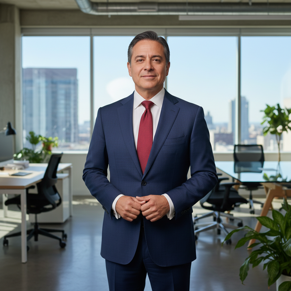 Dr. Ahmed Al-Mansour, Chief Executive Officer at FrostAir HVAC, standing confidently in modern office with industrial HVAC equipment visible in background