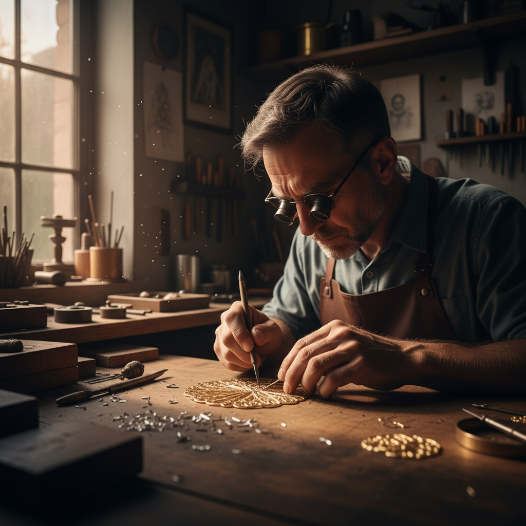 Goldsmith artisan working on intricate jewellery piece with fine tools, close-up workshop photography