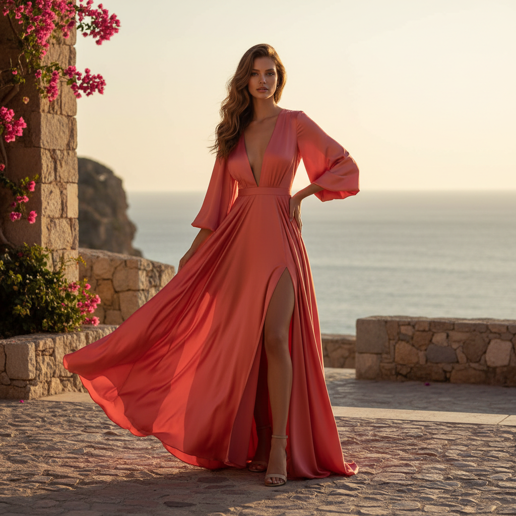 Elegant coral maxi wrap dress with flowing fabric photographed against a neutral backdrop