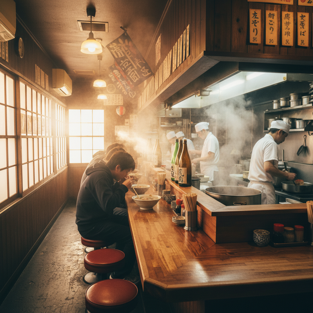 Traditional Japanese ramen bowl with steam rising, dark moody restaurant backdrop, authentic Tokyo atmosphere