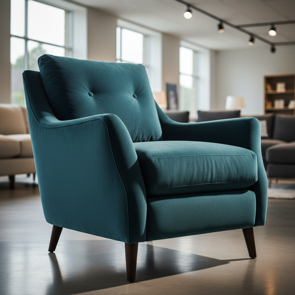 Beautifully reupholstered armchair in deep teal velvet on showroom floor