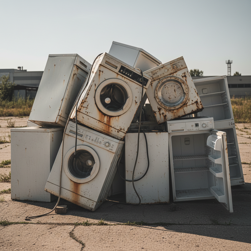Old washing machine and refrigerator appliances stacked outdoors on concrete ready for scrap