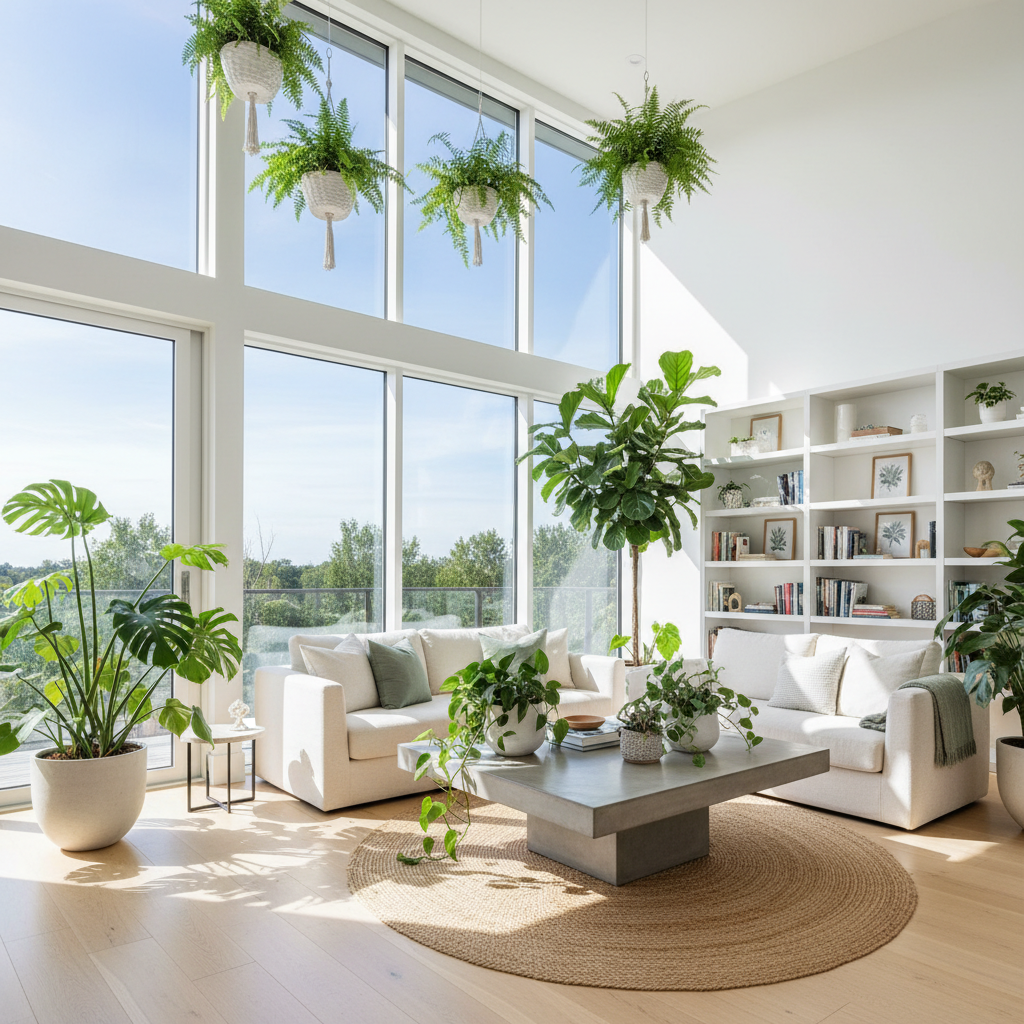 Warm sunlit family home interior with bright natural lighting, comfortable and professional setting