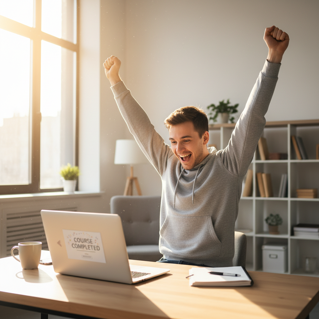 Online course student celebrating at laptop with arms raised