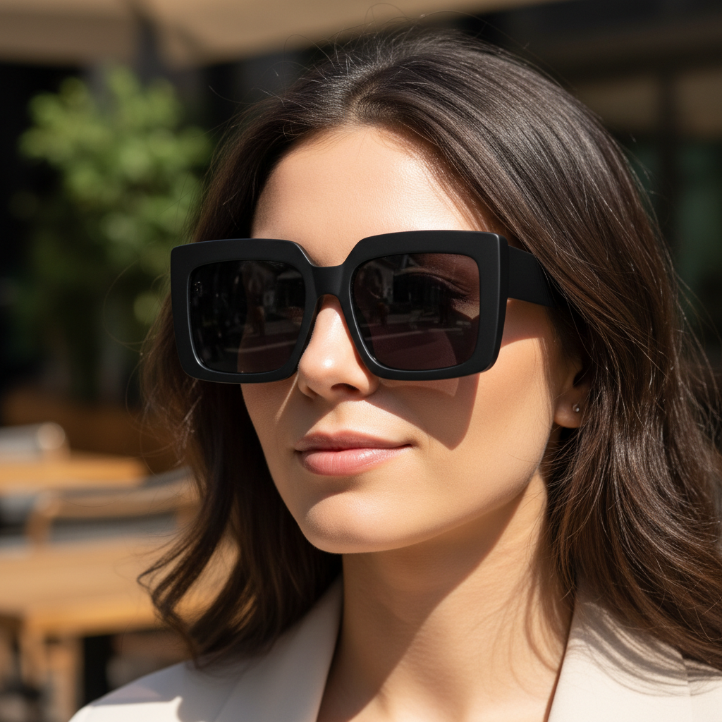 Matte black square frame sunglasses worn by model outdoors