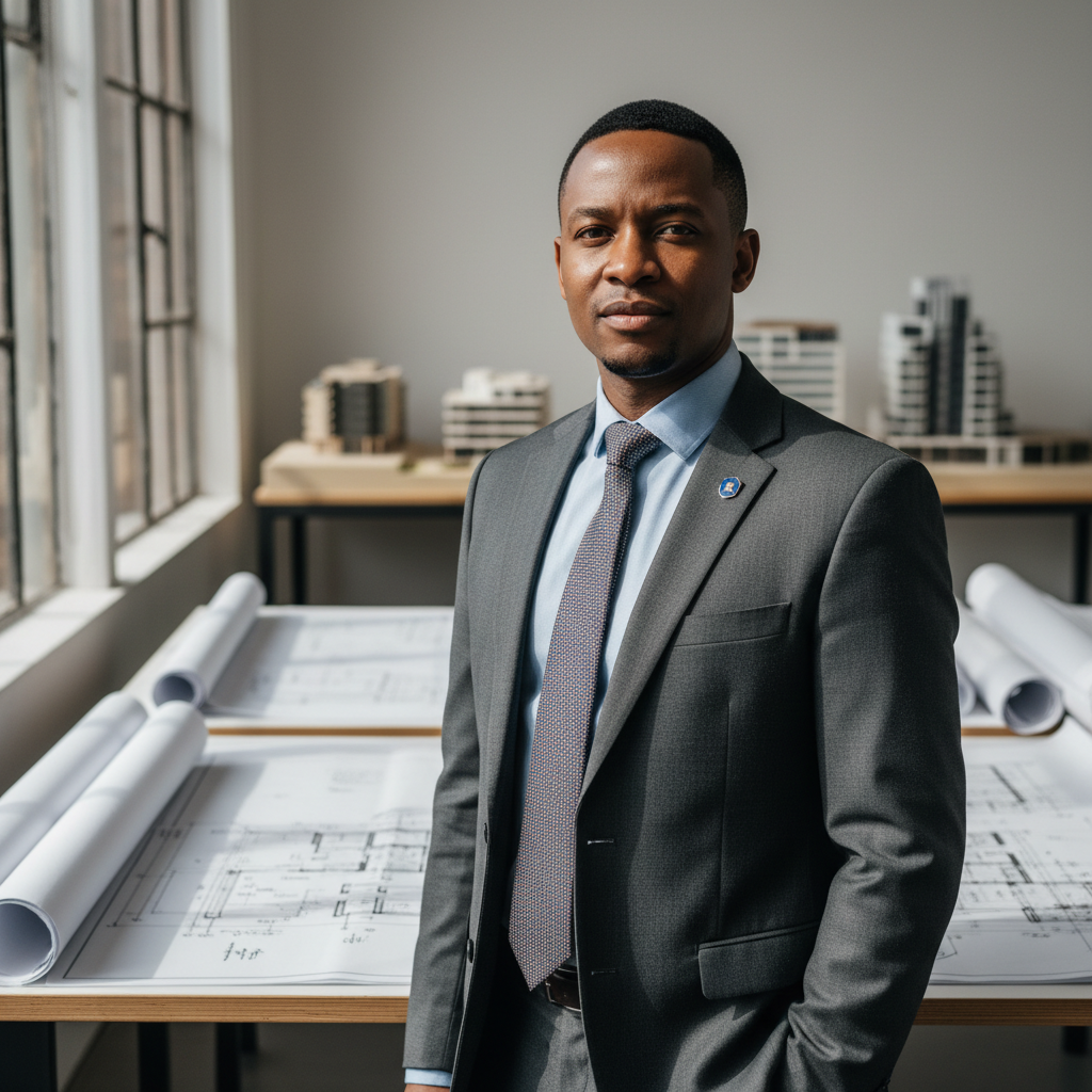 Professional South African man in construction site attire, confident pose, natural light, warm tones, shallow depth of field