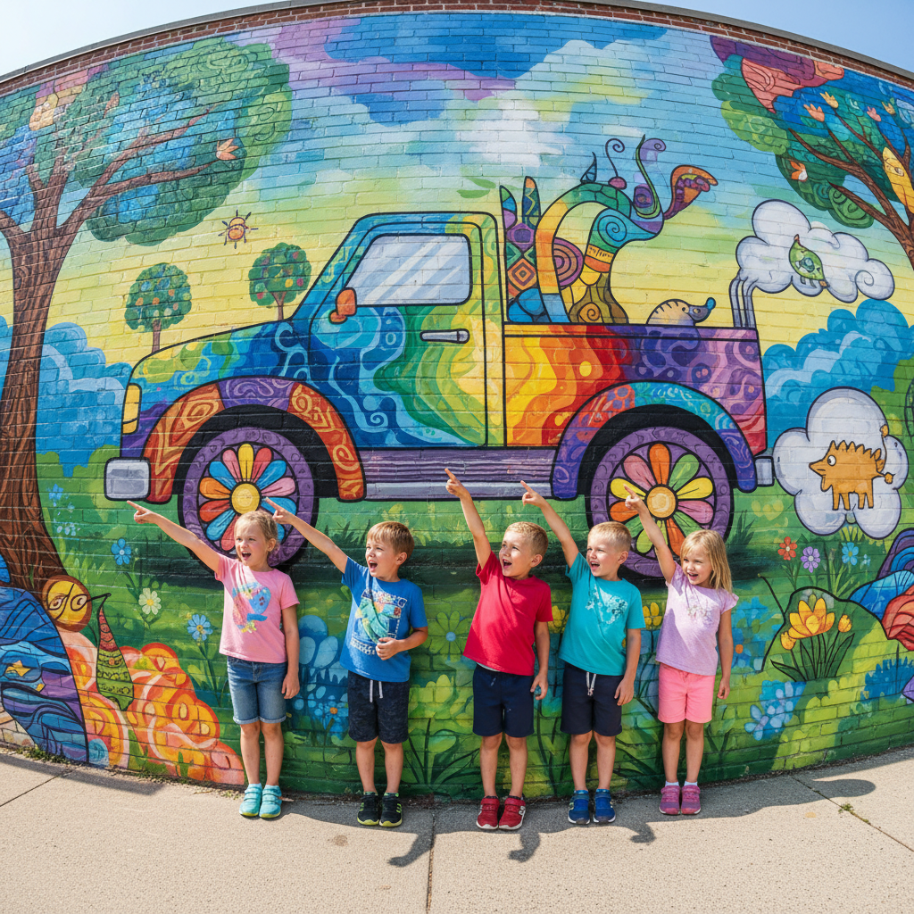 Kids pointing excitedly at the colorful truck mural