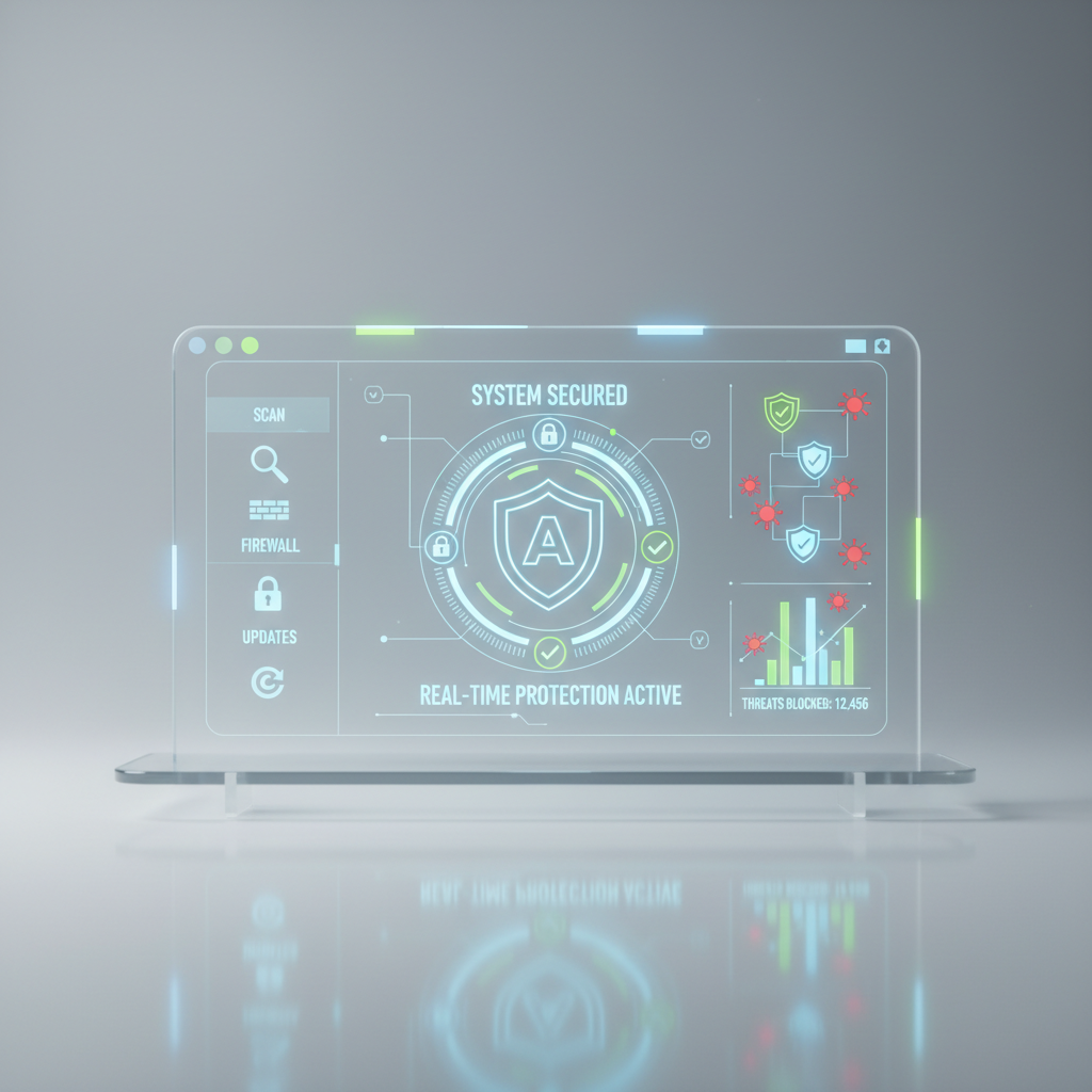 Antivirus security software interface with digital protection symbols