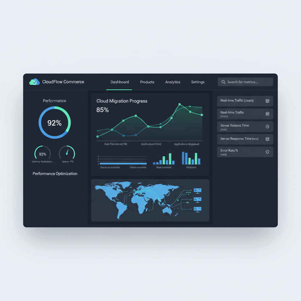 Data dashboard showing CRM migration progress with clean charts on dark background