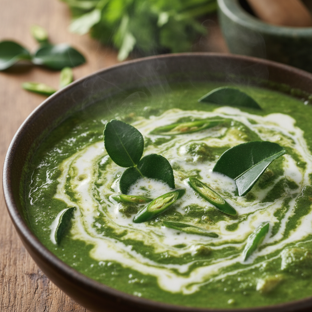 Macro photograph of vibrant green Thai curry with coconut cream separating on the surface, garnished with fresh kaffir lime leaves and green chilies