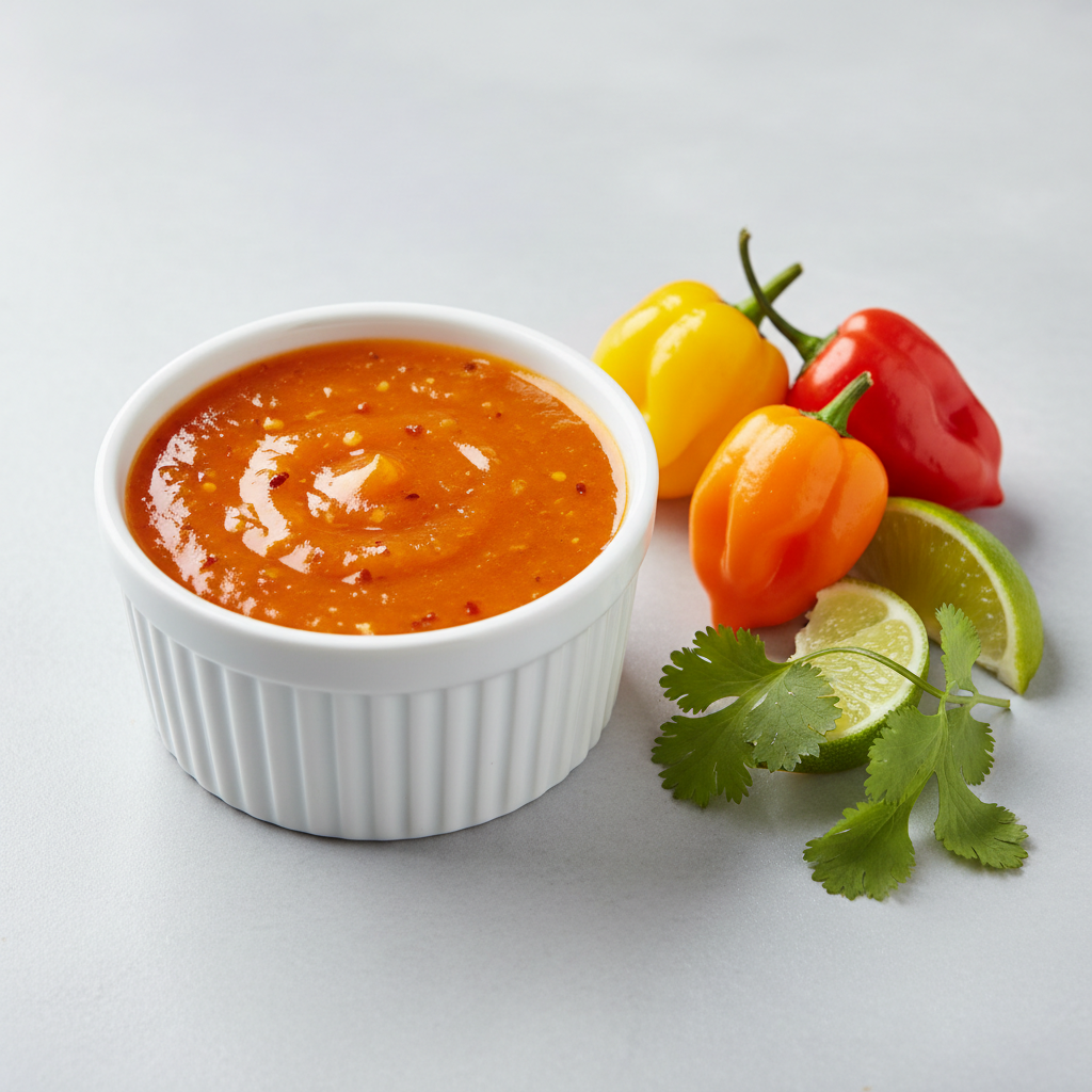 Scotch bonnet pepper sauce in a ramekin with fresh peppers beside it