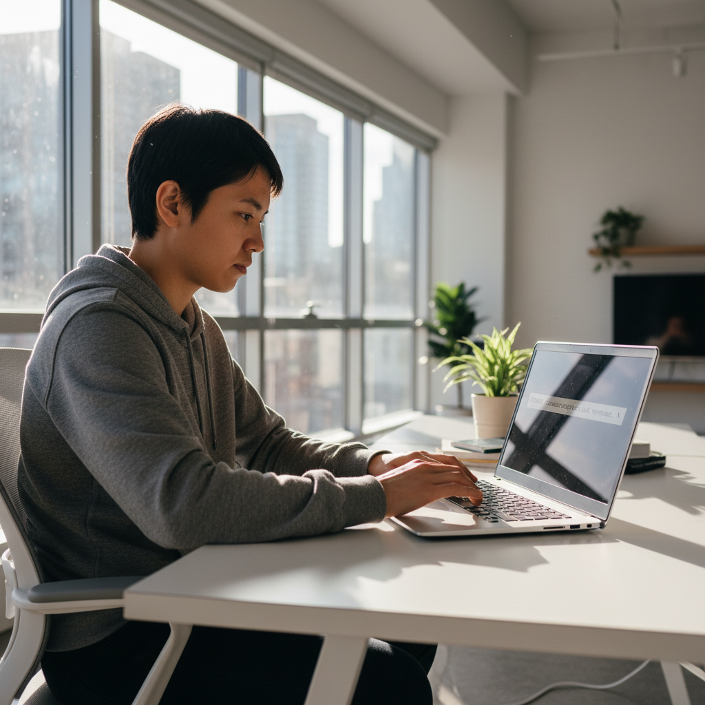 Young man working confidently on a laptop in a modern office environment