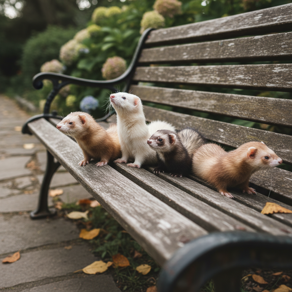 Family of four ferrets arranged on a vintage wooden bench, each looking different directions