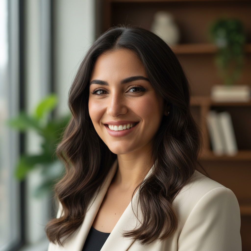 Professional Middle Eastern woman with hijab in business attire smiling warmly at camera in modern educational setting