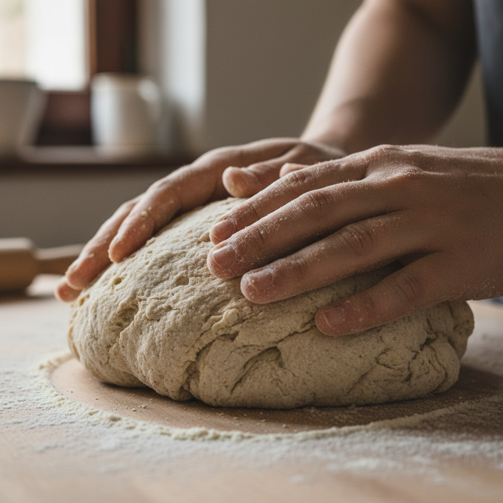 Baker hands kneading bread dough on floured wooden surface, close up artisan technique, warm kitchen light