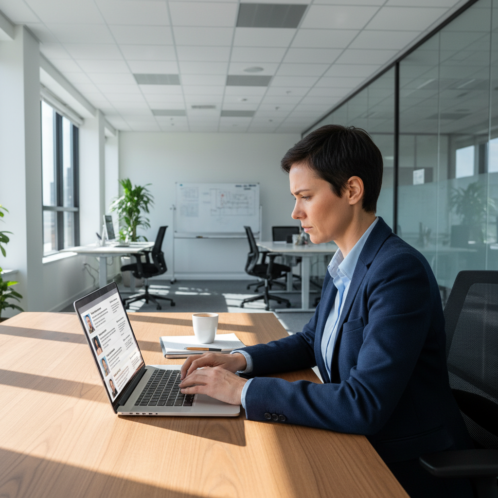 HR professional reviewing candidate profiles on a laptop in a modern office, recruitment and hiring workflow