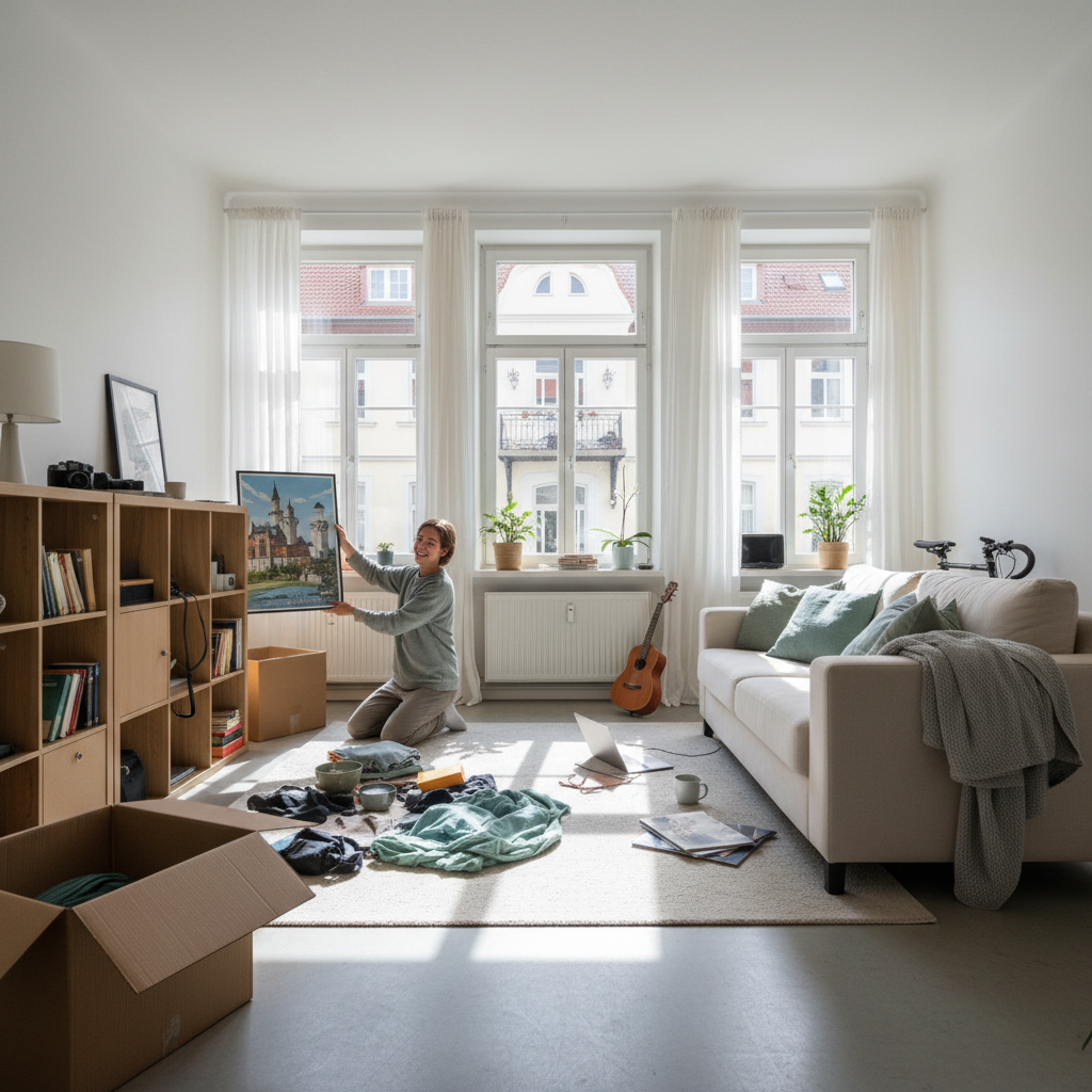 Student settling into new apartment in Germany