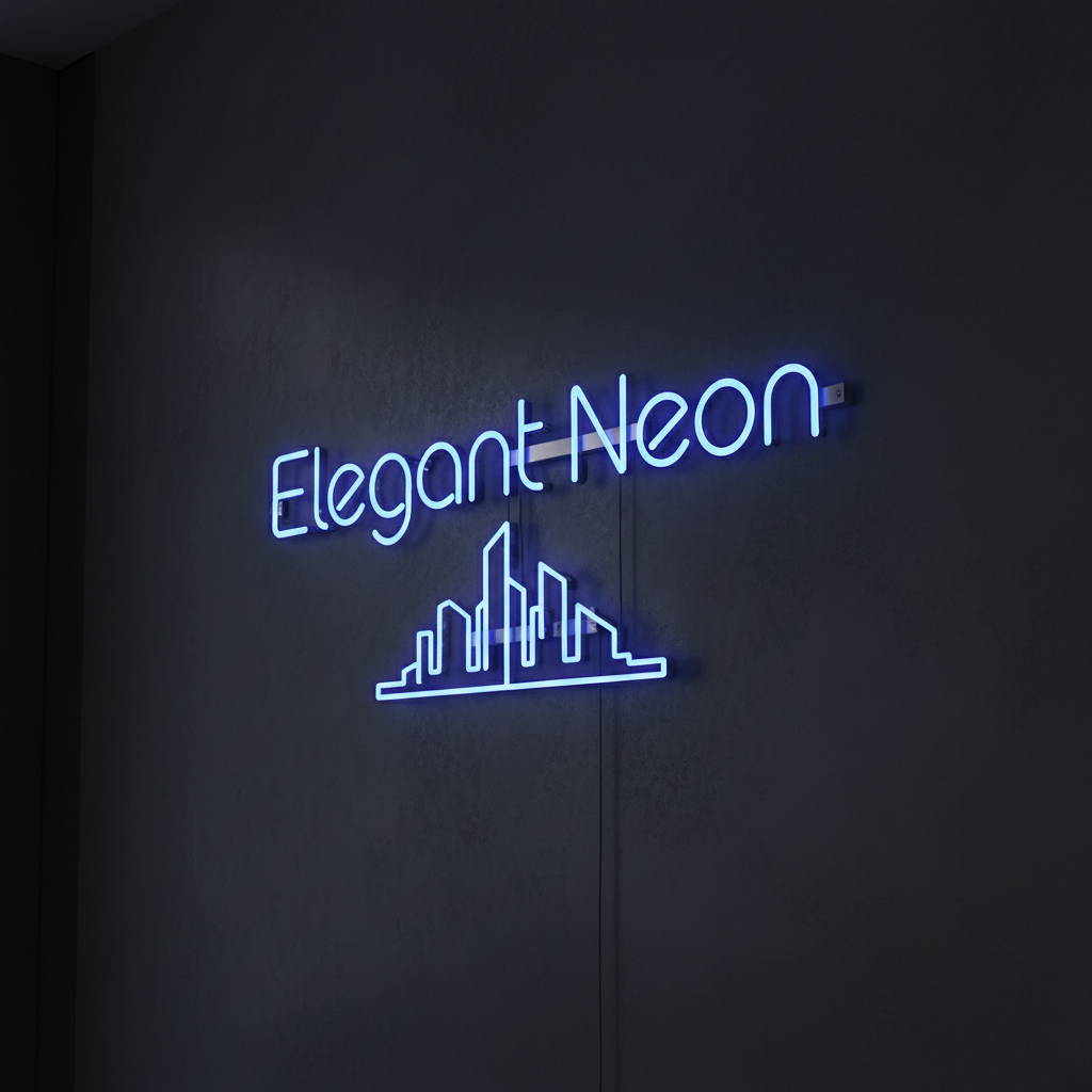 Elegant neon hotel lobby sign glowing blue in sophisticated dark environment