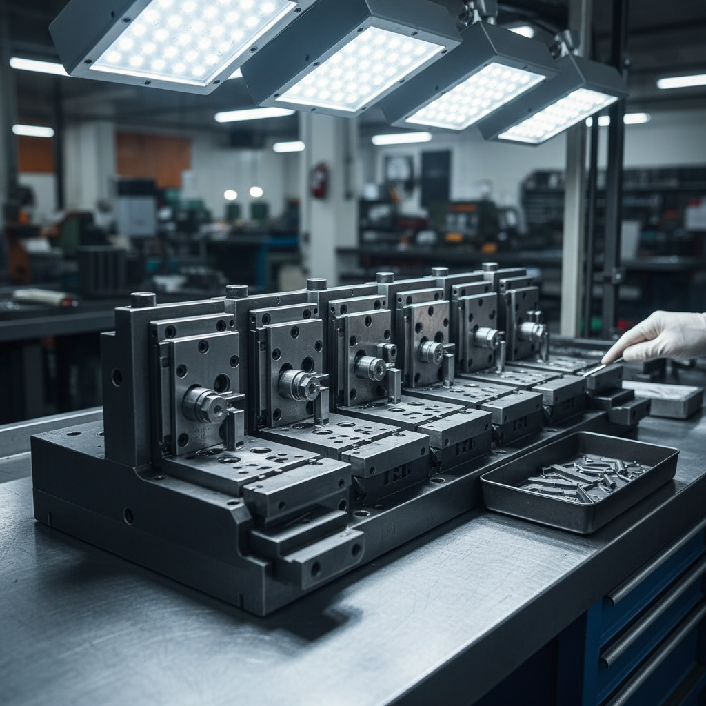 Assembled progressive die under bright shop inspection lighting showing precision-machined stations in sequential arrangement
