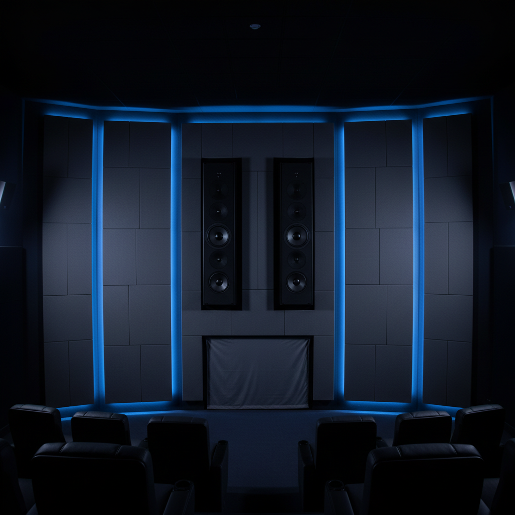 Luxury home cinema installation with ambient lighting, dark walls, premium seating and large screen in dim atmospheric room