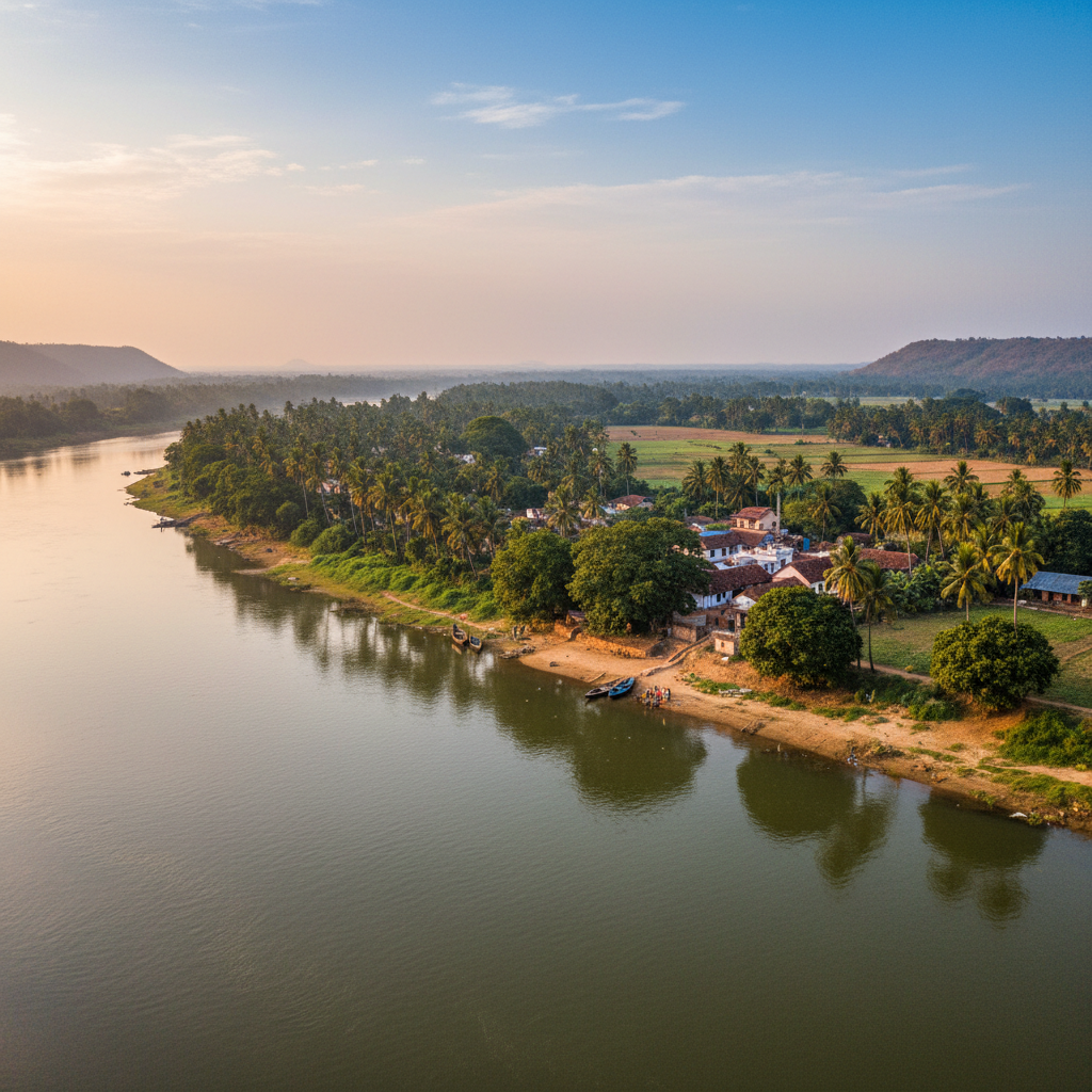 Beautiful riverside village of Undavalli with Krishna river banks and lush greenery