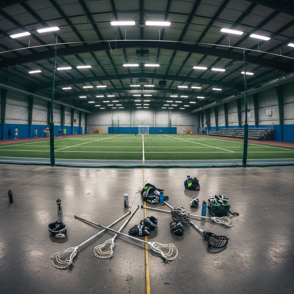 Indoor sports facility with harsh fluorescent lighting, concrete floor, lacrosse equipment in foreground