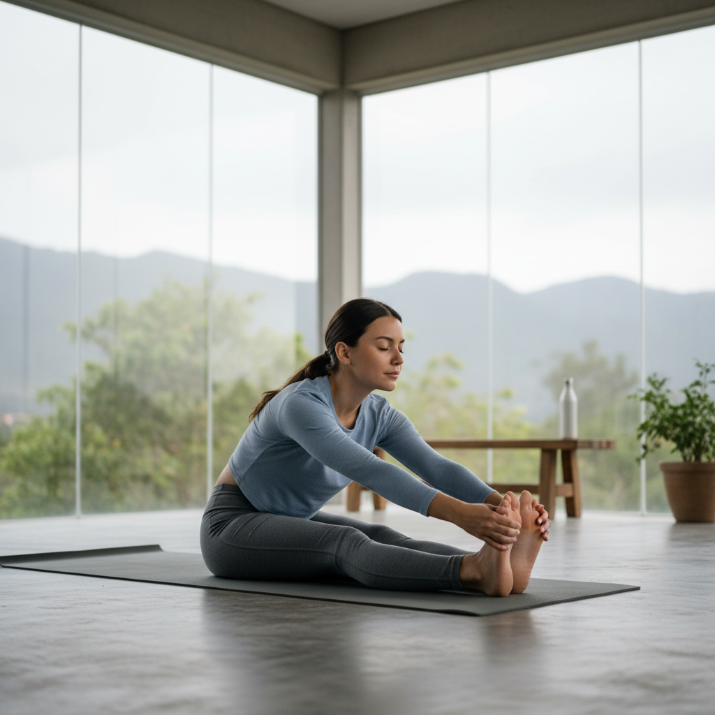 Person doing morning yoga stretches with sunrise view through window in bright room