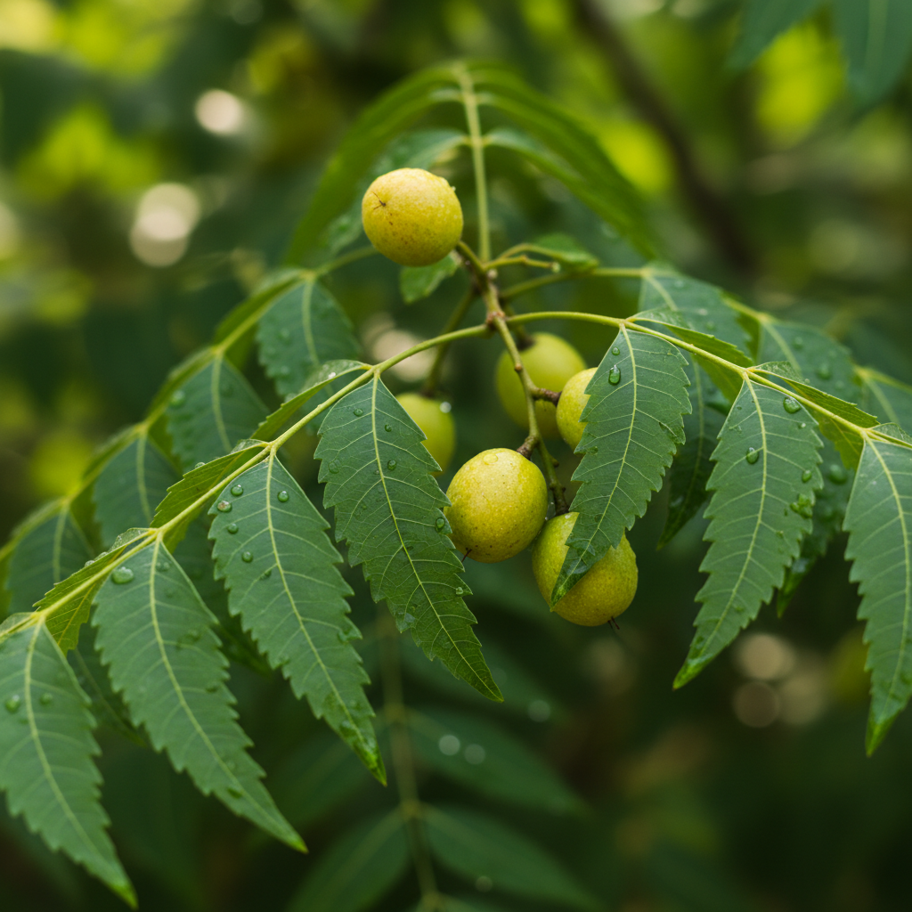 Neem leaves and neem tree branch with green leaves, medicinal neem products for export