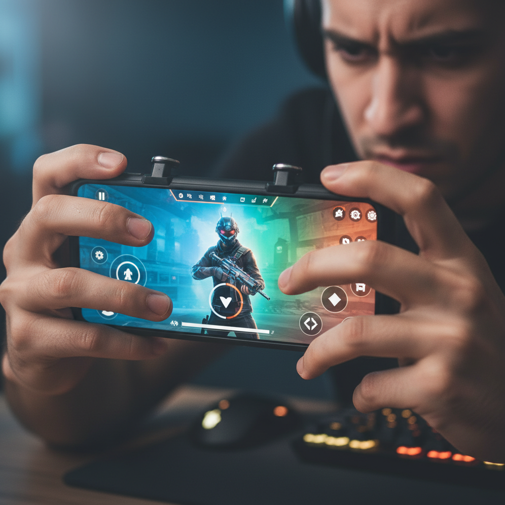 Person playing mobile game on smartphone with gaming controller attachment