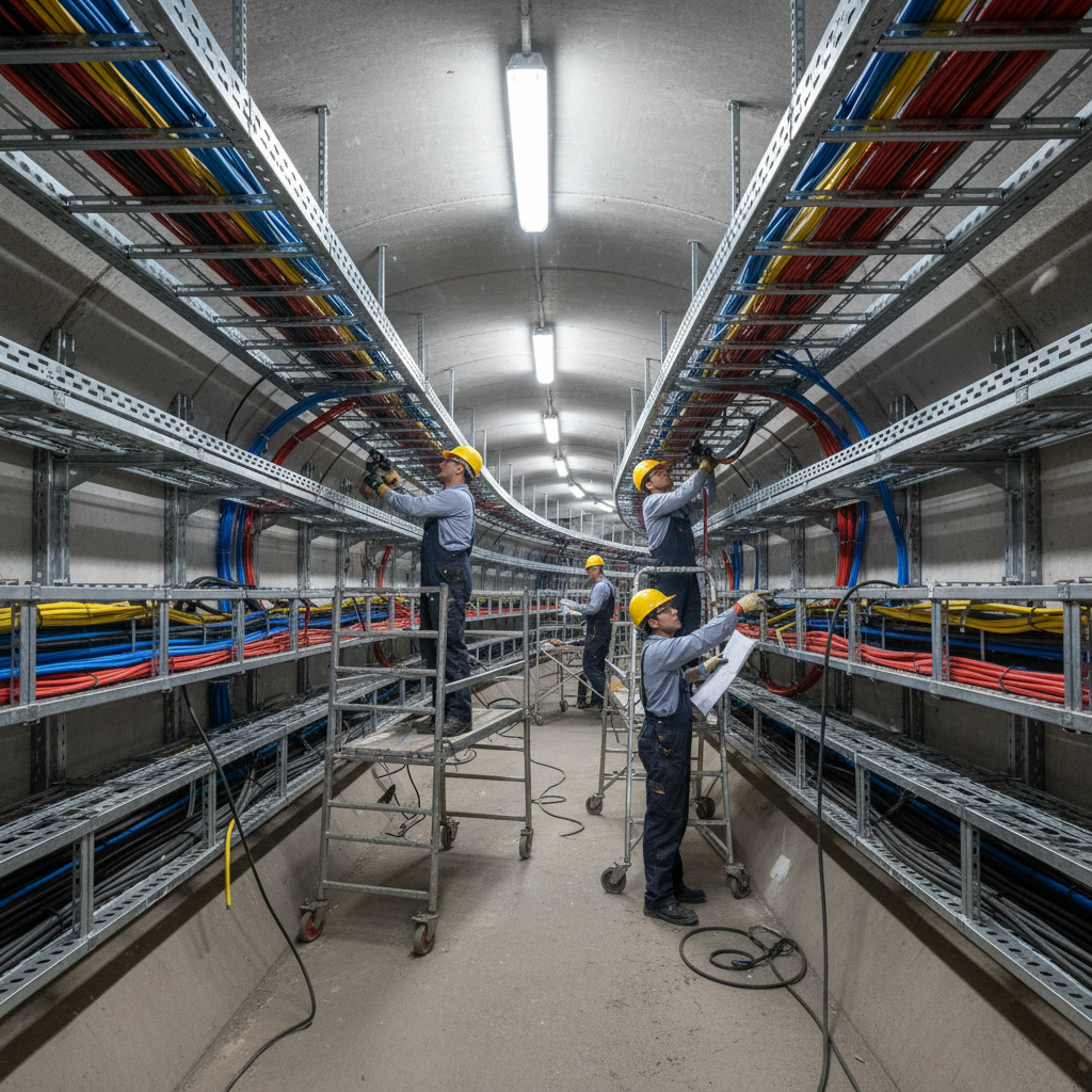 Instalación eléctrica industrial en progreso, cables expuestos en bandeja metálica, técnicos trabajando